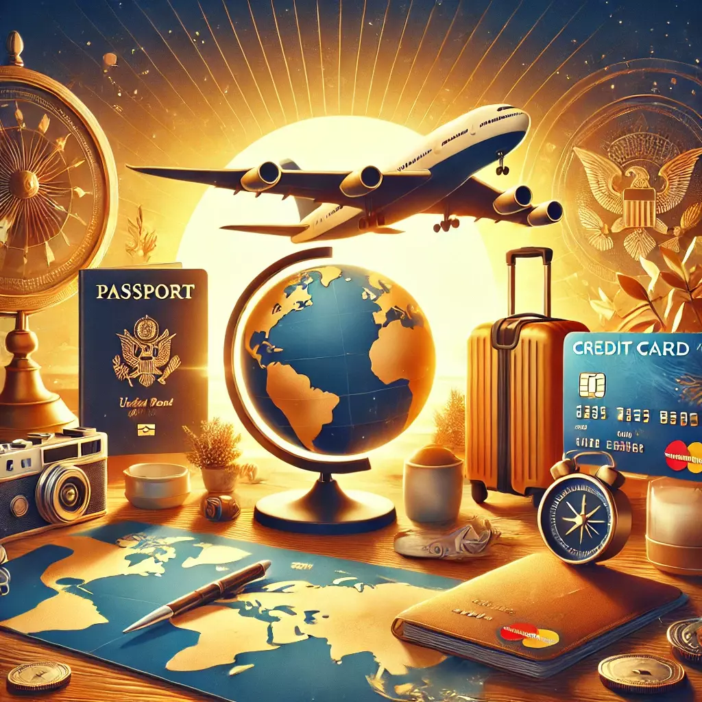 The image portrays a vibrant travel theme designed to attract attention to a blog about the best credit card options for travelers in 2024. It features a scenic layout of essential travel elements, including passports, a globe, a map, and sleek credit cards. An airplane is shown in motion across a sky, symbolizing exploration and adventure. The color palette is warm and inviting, with tones that evoke excitement and wanderlust. The composition is modern and dynamic, emphasizing travel freedom and financial possibilities, making it an ideal visual for travel-related financial content.